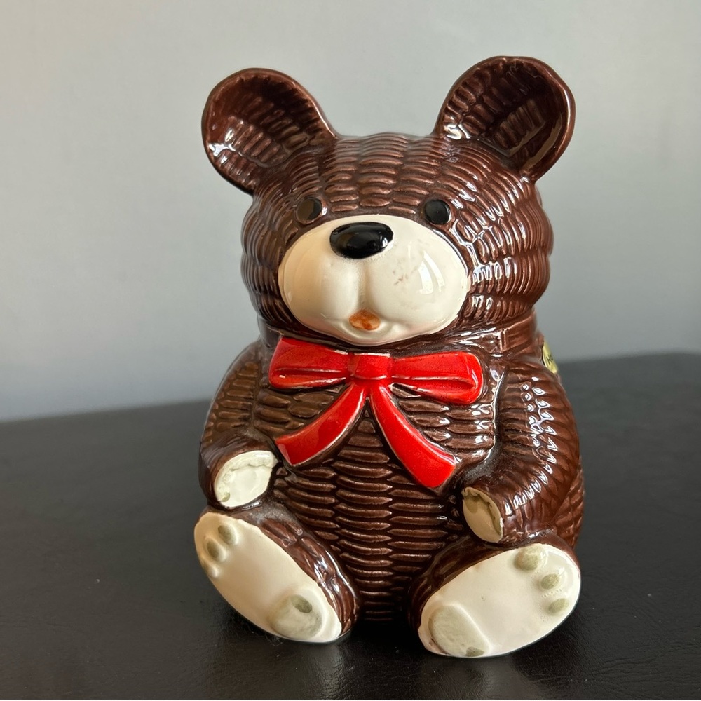 OMC Otagiri Japan Vintage 1970s Hand Painted Brown Ceramic Bear Piggy Bank